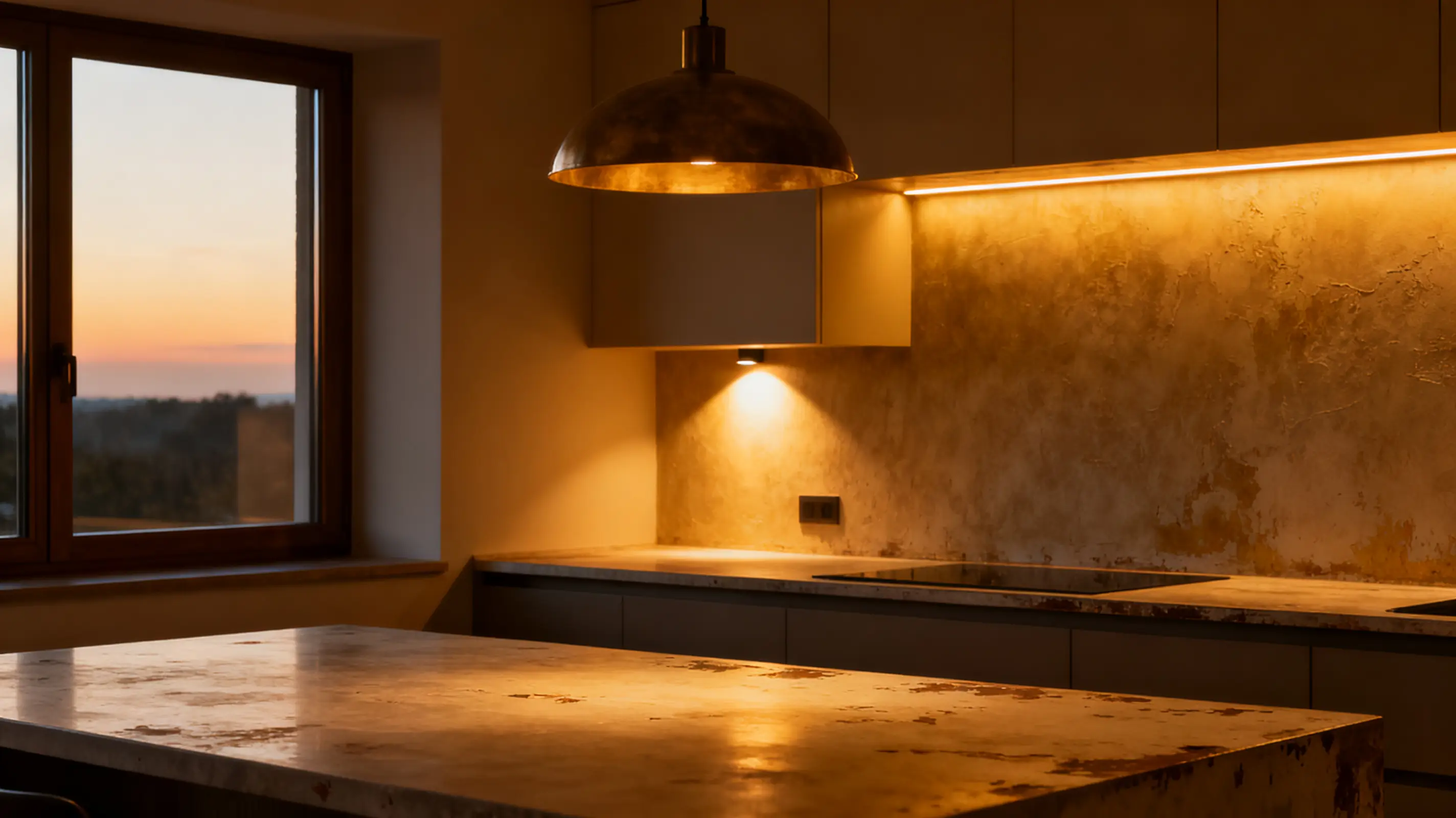 Warmly lit modern kitchen with stone countertops and large window overlooking sunset view