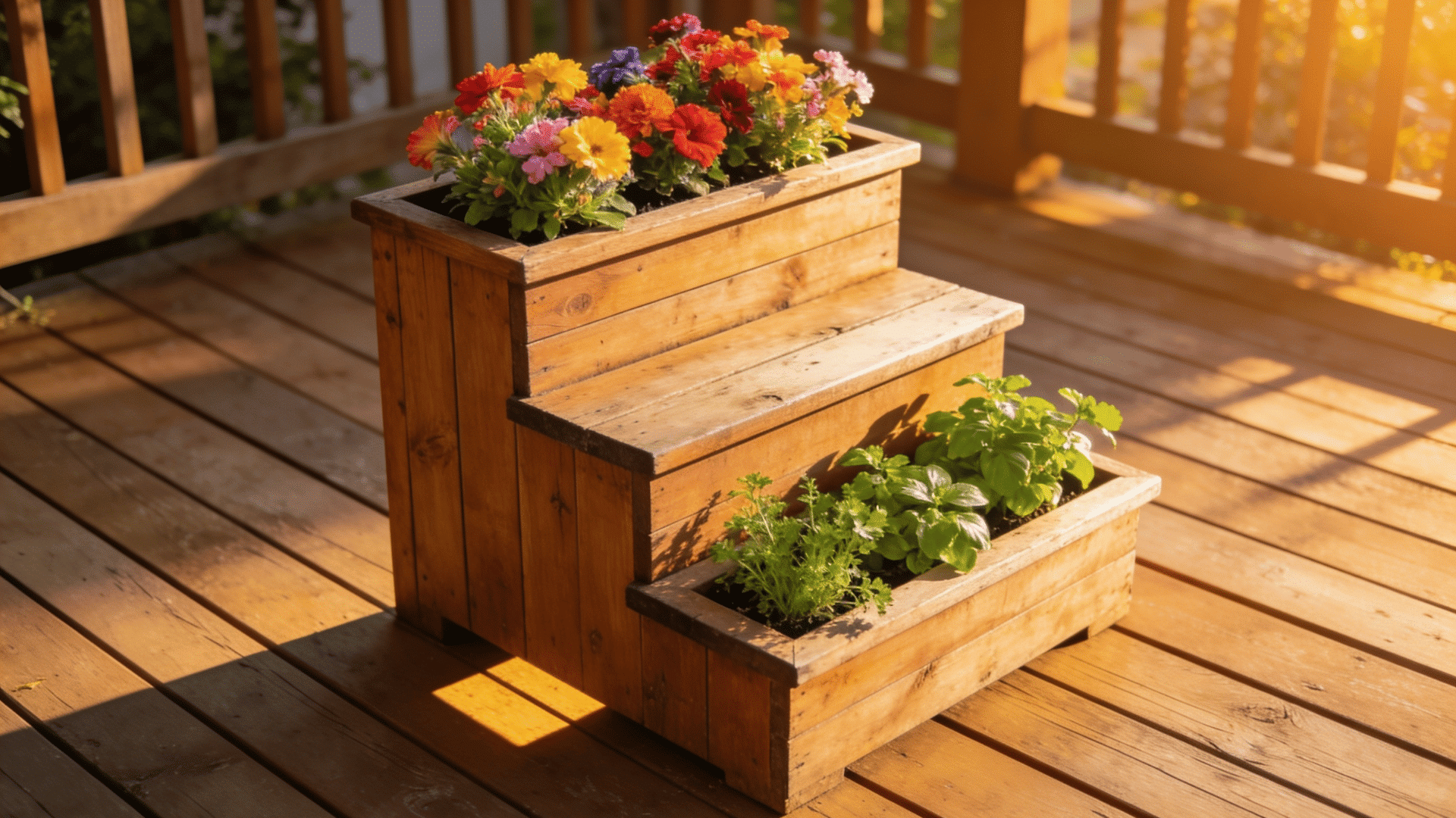 three tier wooden planter box with colorful blooming flowers and green herbs on a wooden deck