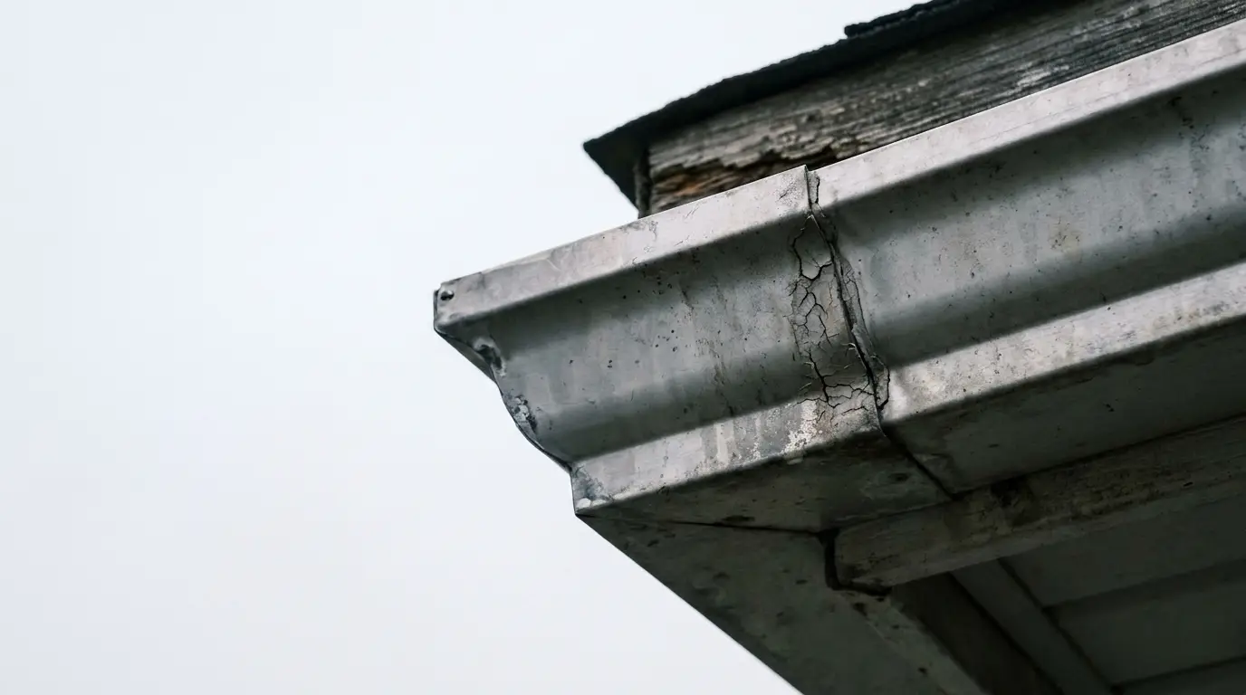 Damaged and cracked metal gutter on weathered roof corner
