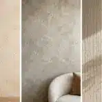 triptych of neutral beige wall textures showcasing stucco, Venetian plaster, and vertically ribbed finishes with subtle modern decor elements