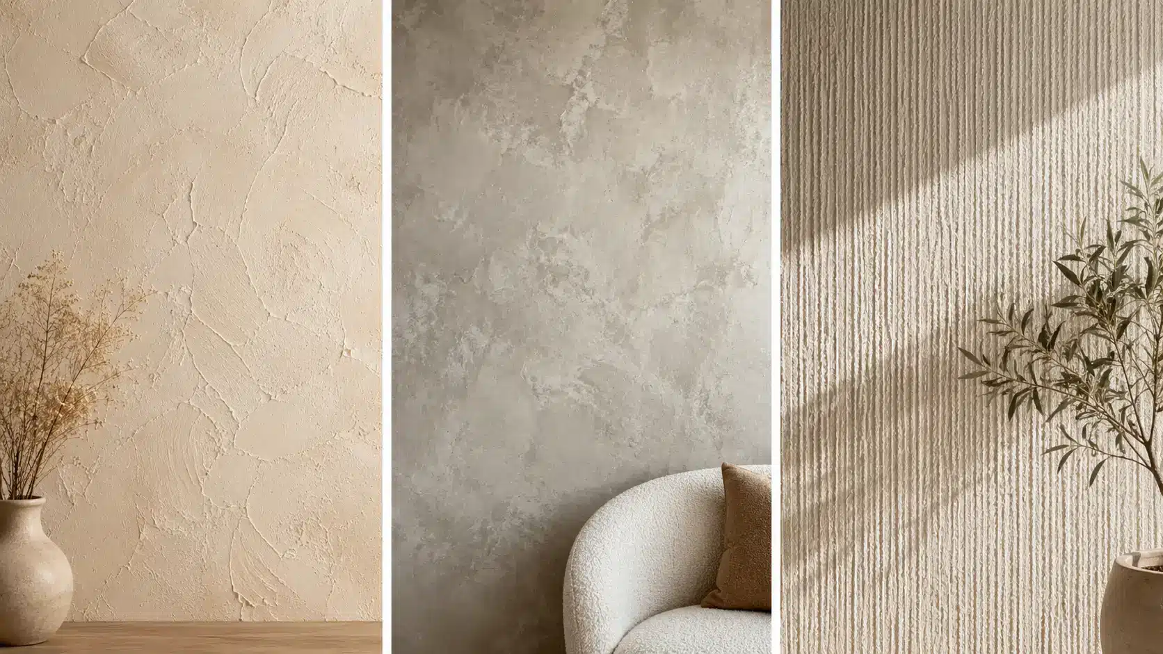 triptych of neutral beige wall textures showcasing stucco, Venetian plaster, and vertically ribbed finishes with subtle modern decor elements