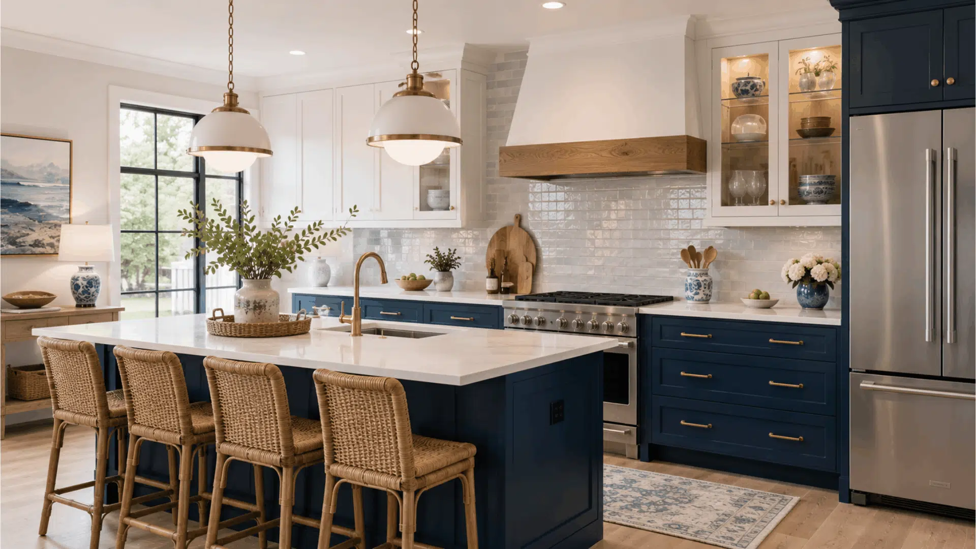 two tone kitchen with white upper cabinets navy blue lower cabinets woven bar stools and bright modern finishes