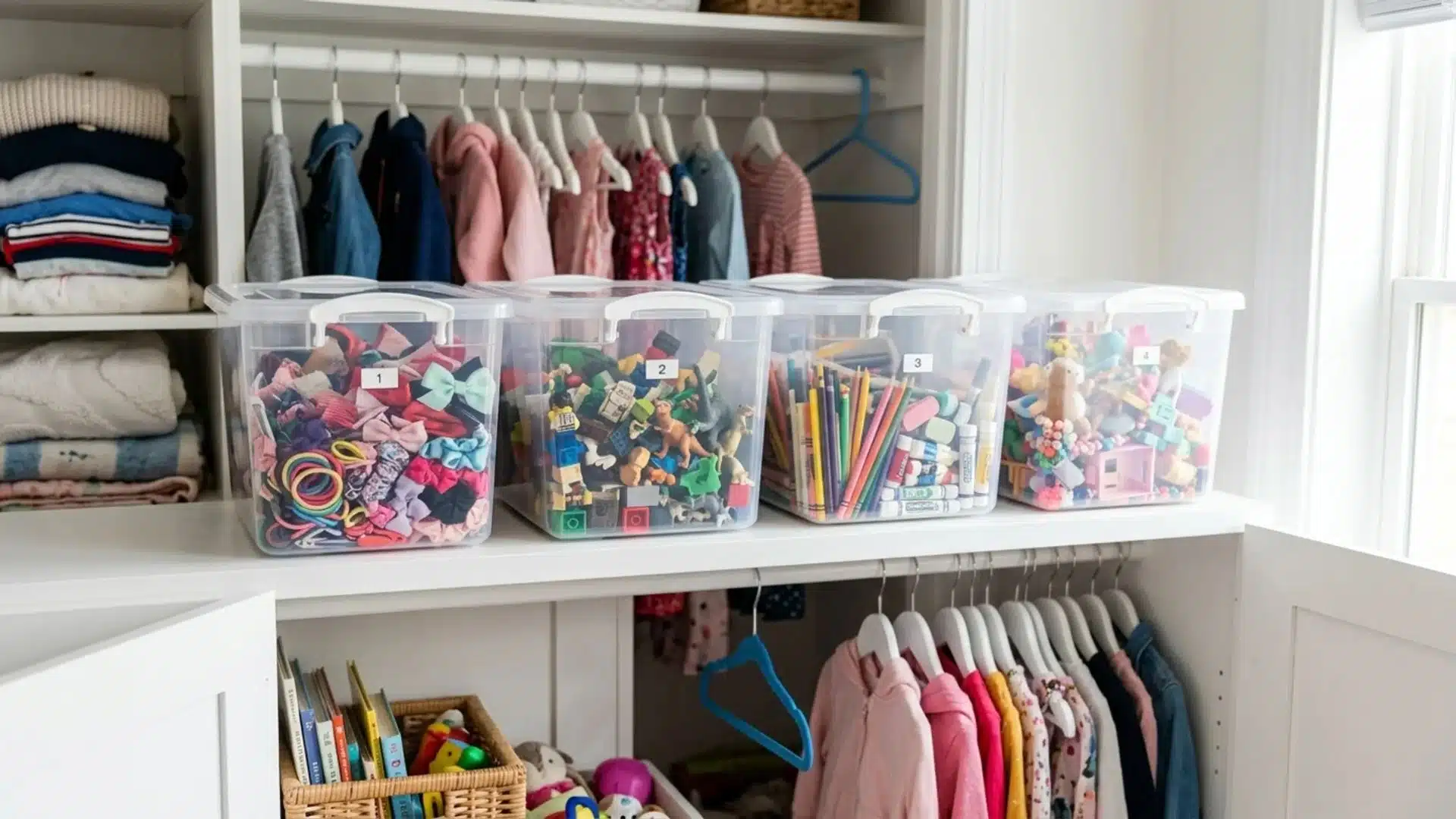 kids closet shelf with four clear plastic bins holding hair accessories, lego blocks, art supplies and small toys