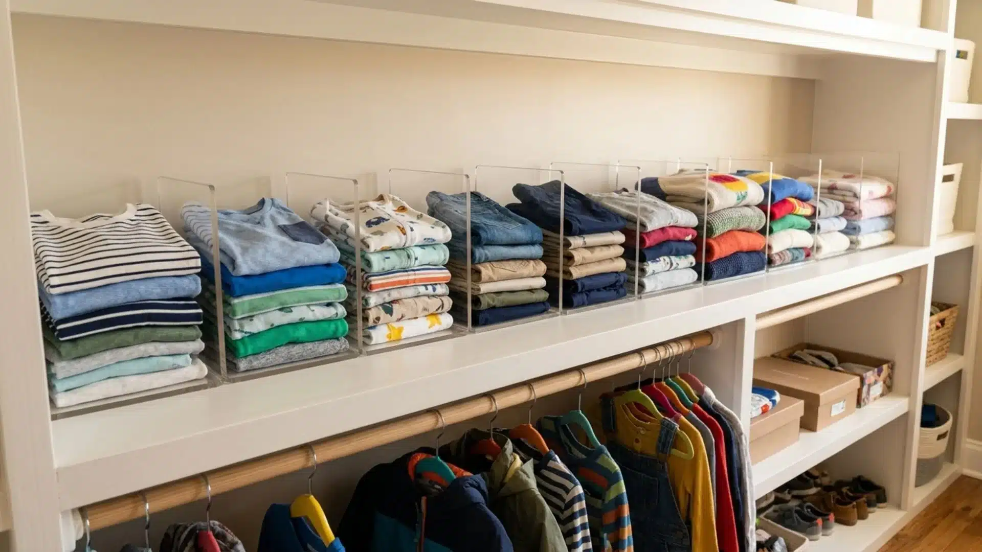 kids closet white shelf with clear acrylic dividers separating neat stacks of folded colorful children's clothes above a hanging rod