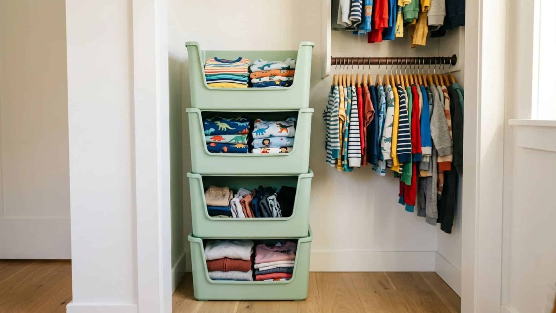 kids closet with four stacked pastel green bins holding folded clothes beside a rod of colorful hanging shirts