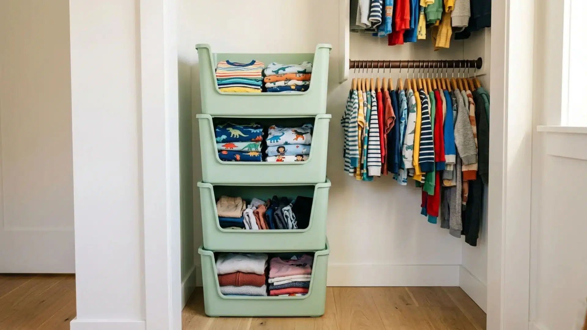 kids closet with four stacked pastel green bins holding folded clothes beside a rod of colorful hanging shirts