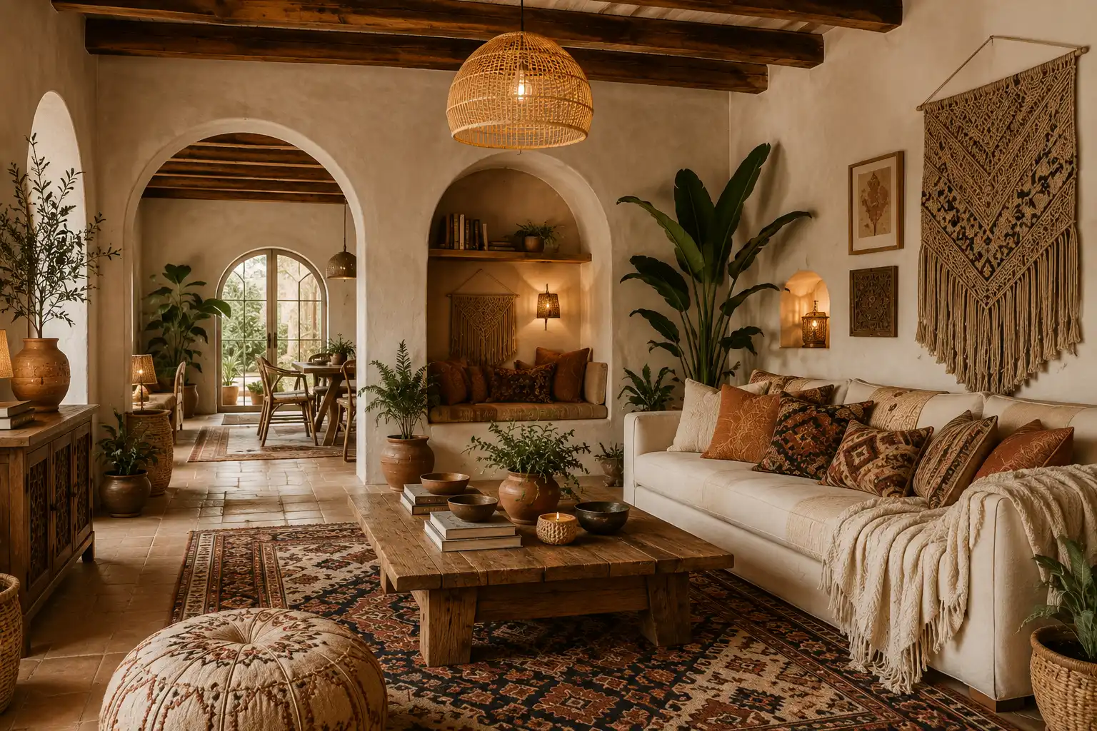 warm, inviting living room featuring neutral tones, wooden beams, a woven pendant light, a white sofa with patterned pillows, and an arched doorway leading to a bright dining area