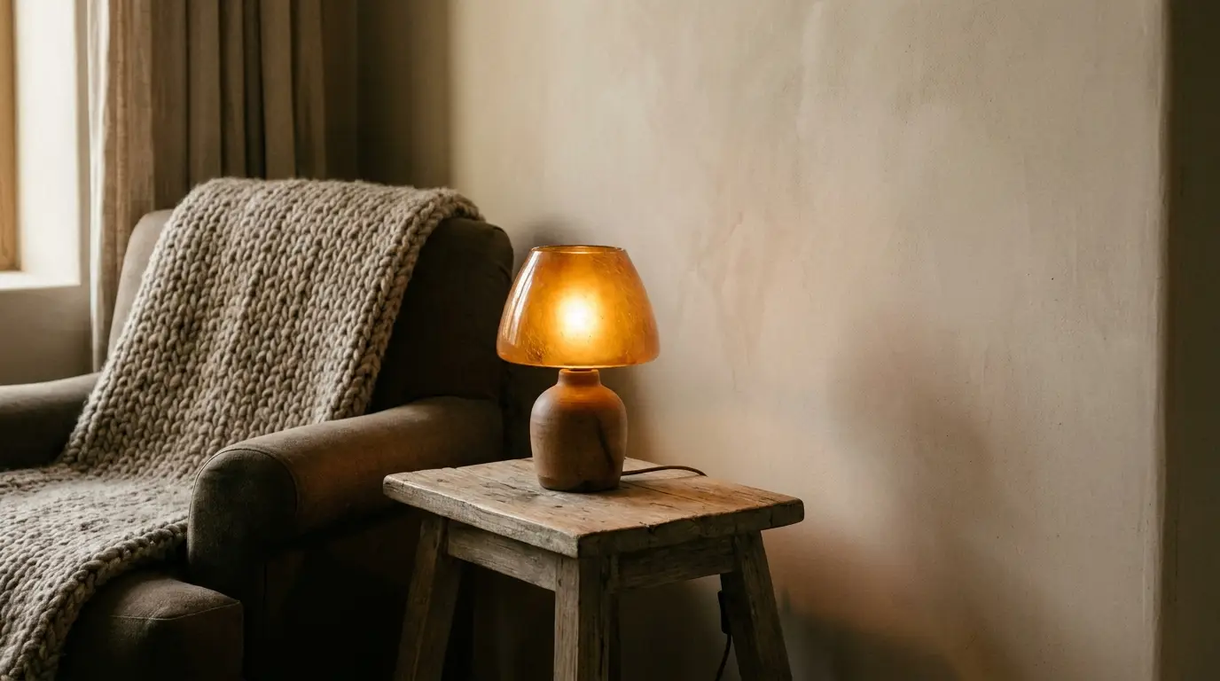 Cozy armchair with knitted throw next to warm-lit lamp on rustic wooden table