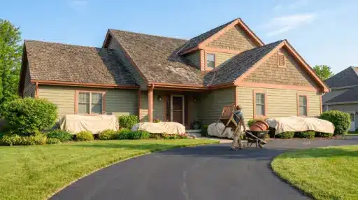 Man moving outdoor furniture with wheelbarrow in front of covered house patio