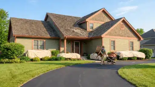 Man moving outdoor furniture with wheelbarrow in front of covered house patio