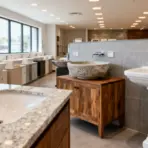 Various modern sinks and vanities displayed in a bright showroom with natural light