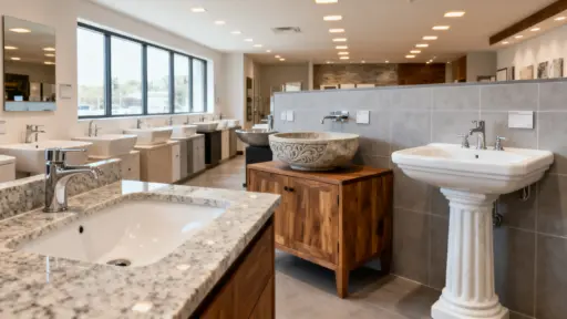 Various modern sinks and vanities displayed in a bright showroom with natural light