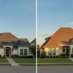 Stone brick suburban house with pitched roof and manicured lawn at sunset