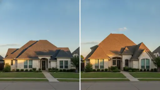 Stone brick suburban house with pitched roof and manicured lawn at sunset