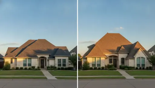 Stone brick suburban house with pitched roof and manicured lawn at sunset