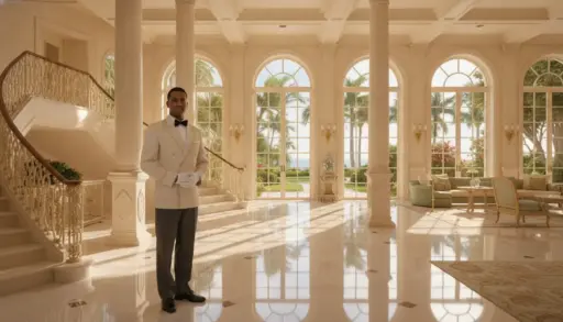 Uniformed doorman standing in luxurious hotel lobby with grand staircase and sunlit arched windows
