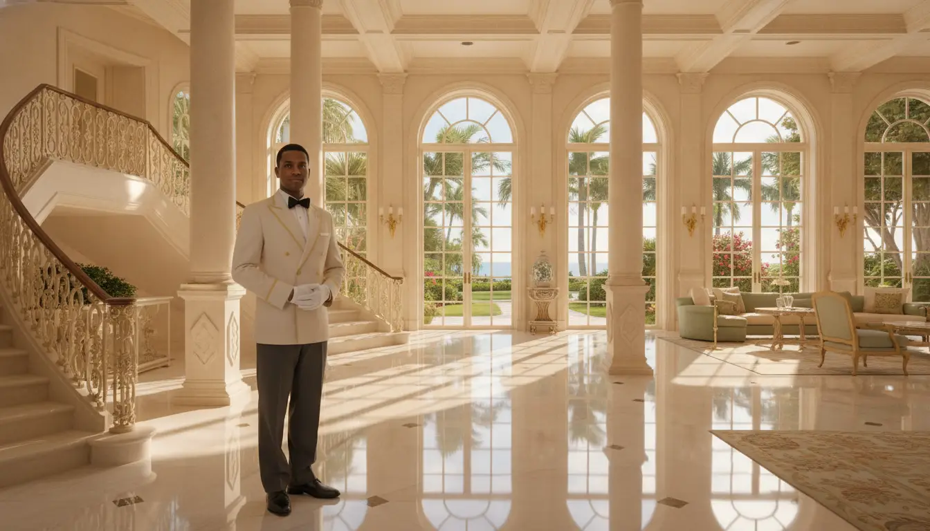 Uniformed doorman standing in luxurious hotel lobby with grand staircase and sunlit arched windows