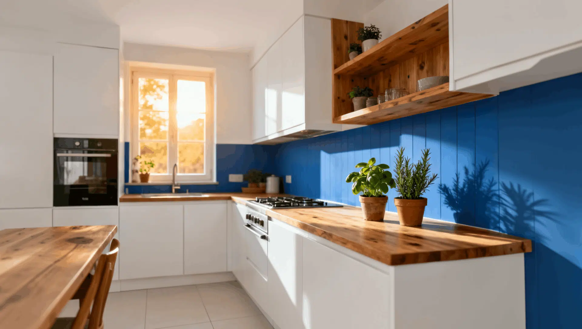 white and blue kitchen with natural wood countertops open shelving and warm sunlight throughout