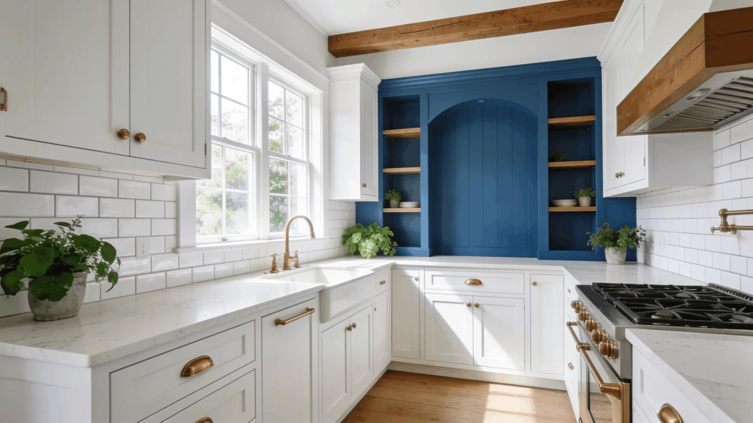 white kitchen with blue accent wall open shelving brass fixtures subway tile backsplash and natural sunlight through large windows (1)