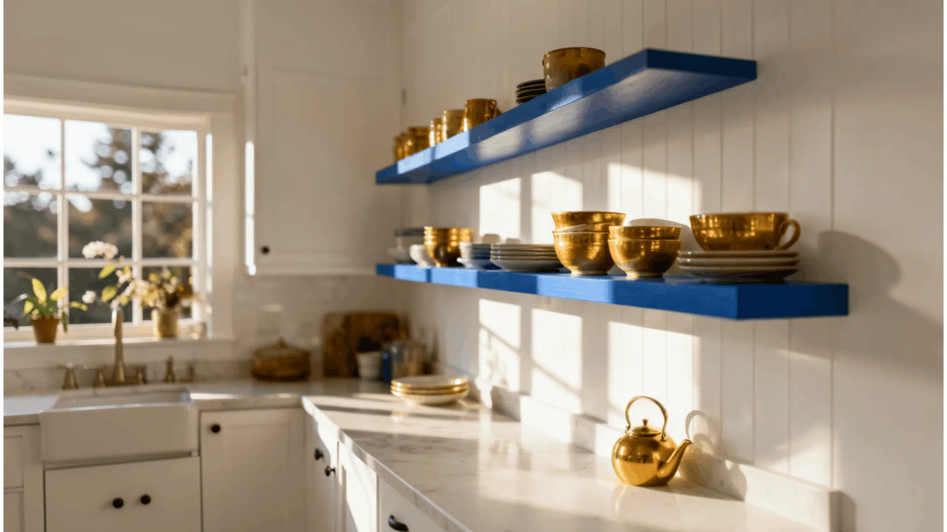 white kitchen with blue floating shelves displaying dishes and decor beside a bright window and marble countertop