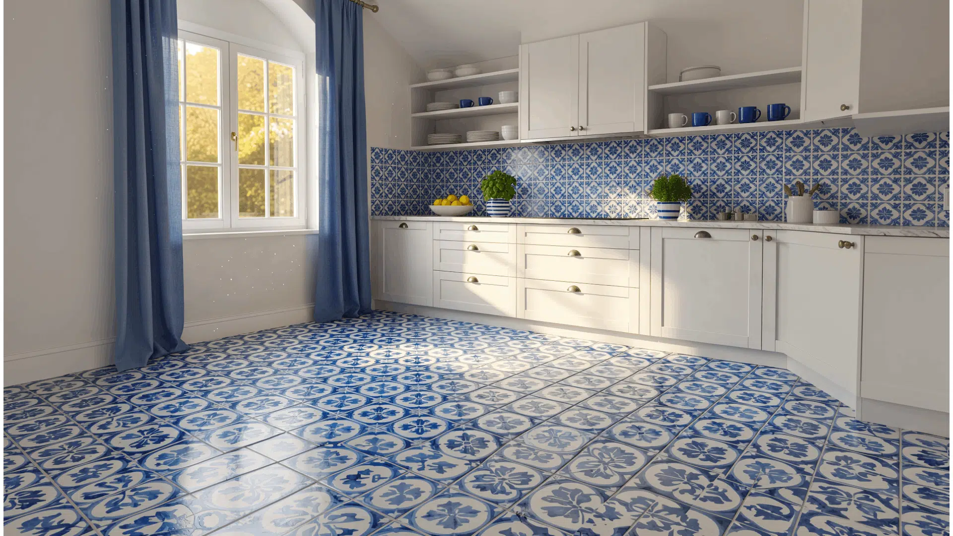 white kitchen with blue patterned tile flooring matching backsplash and sunlit window accents (1)