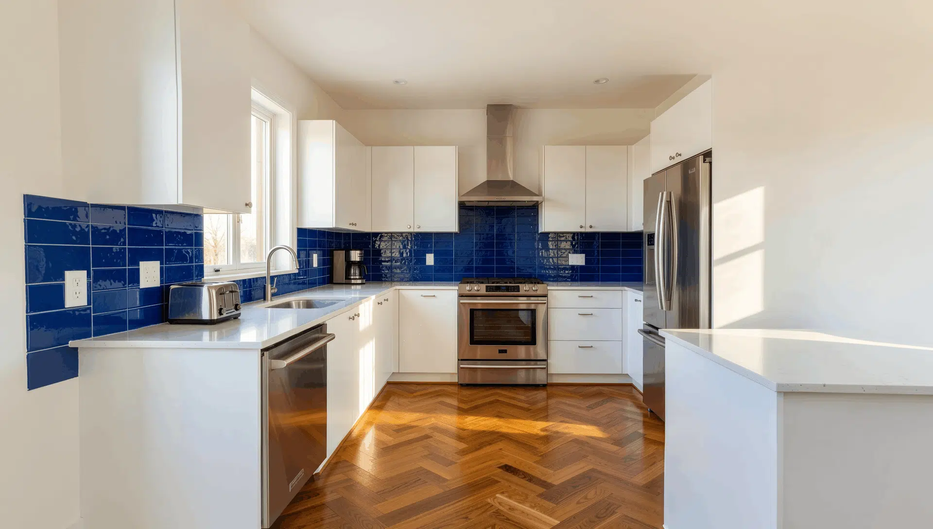 white kitchen with glossy blue backsplash tiles stainless steel appliances and warm herringbone wood flooring