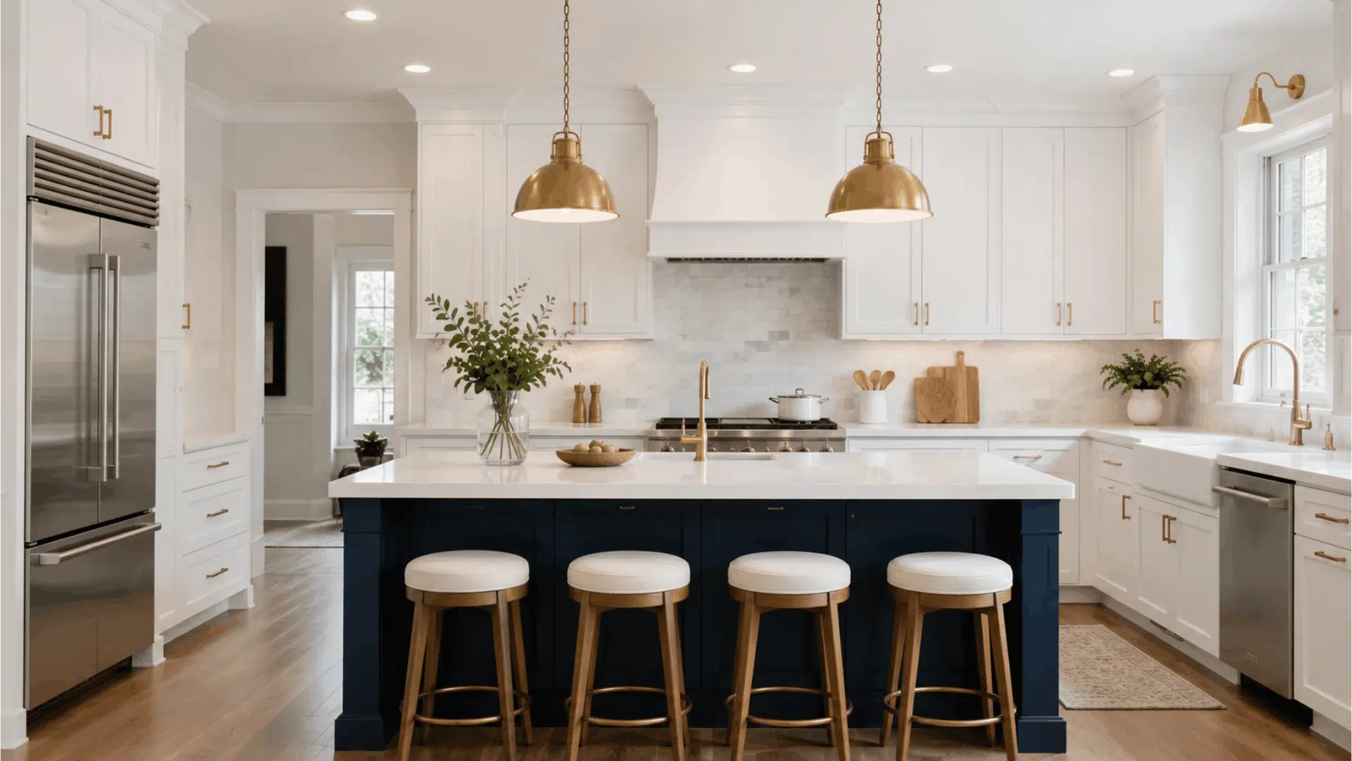 white kitchen with navy blue island gold pendant lights wood stools and bright modern cabinetry design