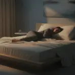 Woman sleeping peacefully on a modern bed in a dimly lit bedroom with abstract painting
