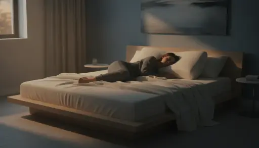 Woman sleeping peacefully on a modern bed in a dimly lit bedroom with abstract painting