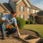 Man wearing tool belt working on landscaping project in front of brick house with bushes
