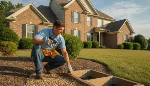 Man wearing tool belt working on landscaping project in front of brick house with bushes