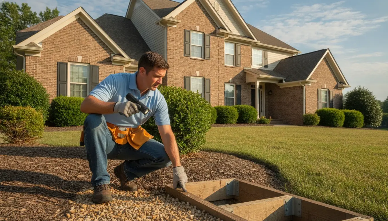 Man wearing tool belt working on landscaping project in front of brick house with bushes