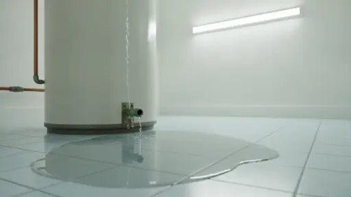 Leaking water heater with water pooling on light blue tiled floor in bright utility room