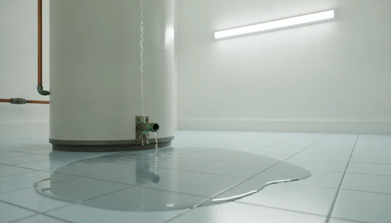 Leaking water heater with water pooling on light blue tiled floor in bright utility room