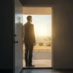 Man in suit standing at open door, gazing at sunny field landscape