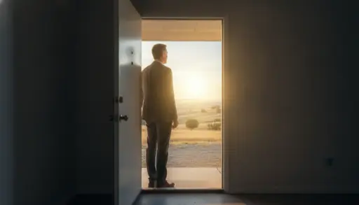 Man in suit standing at open door, gazing at sunny field landscape