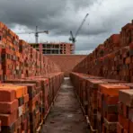 Stacks of red bricks lined up at construction site under cloudy sky with cranes in background