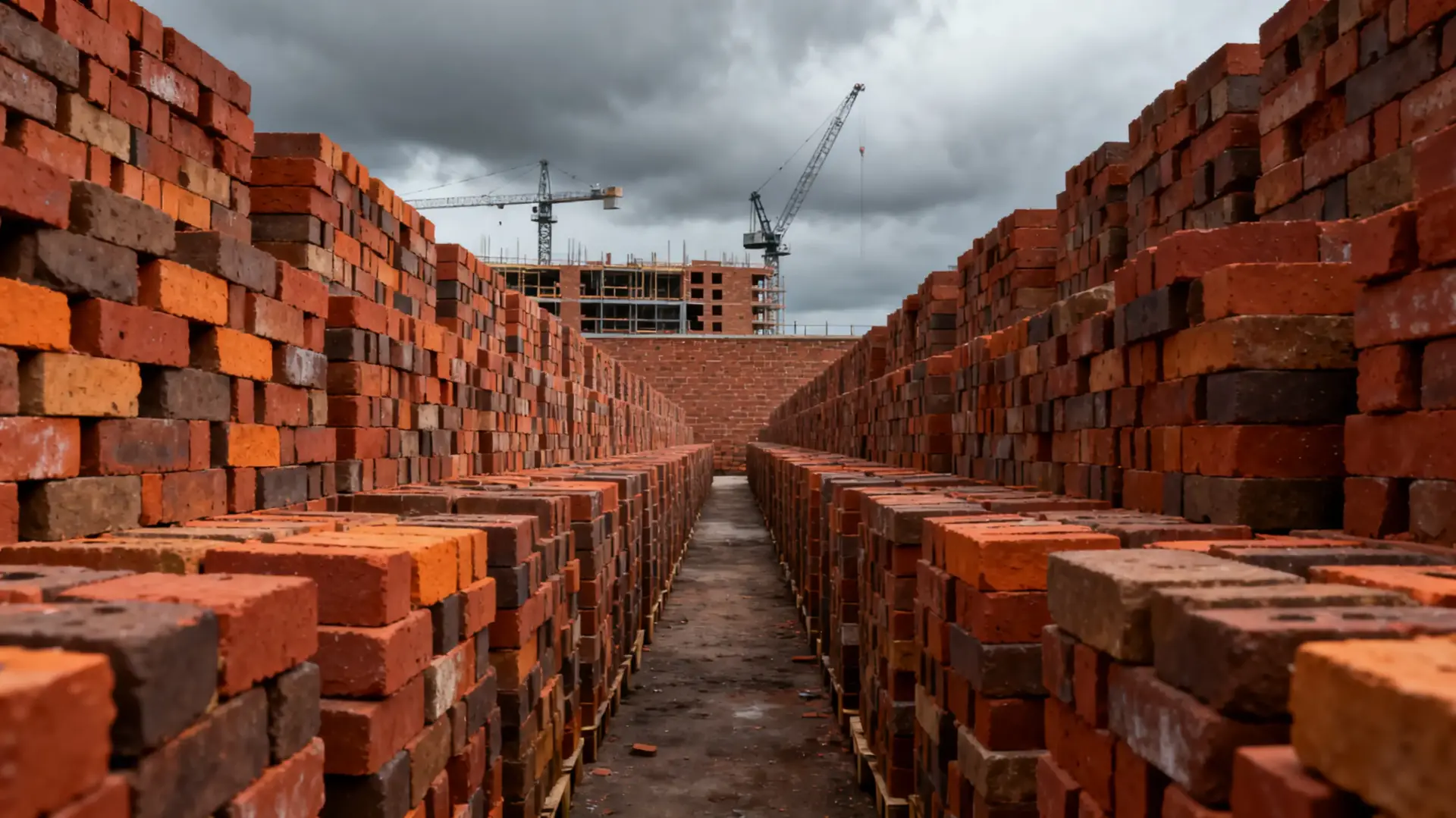 Stacks of red bricks lined up at construction site under cloudy sky with cranes in background