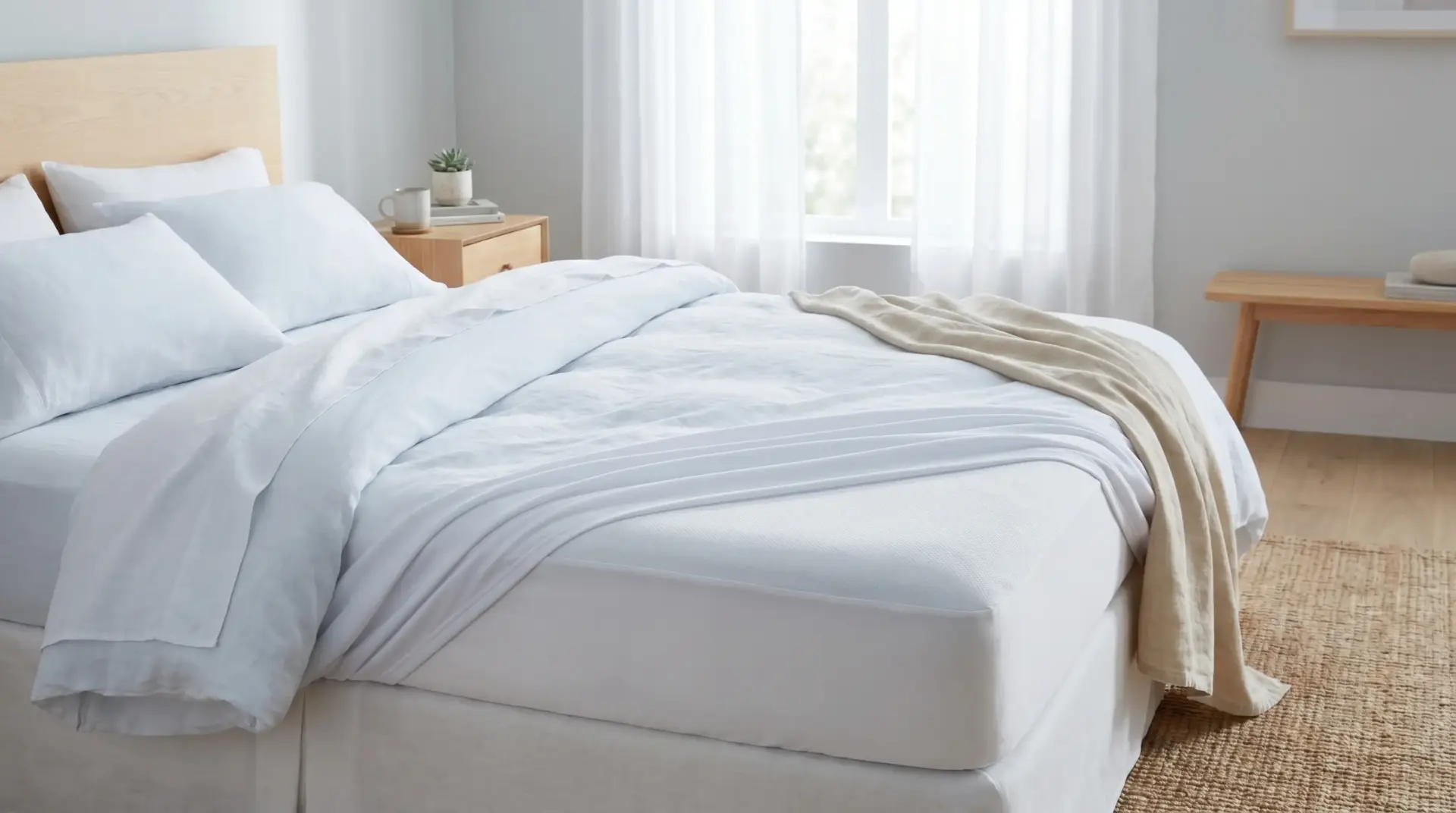 Bed with white sheets and pillows in bright bedroom with wooden furniture and light curtains