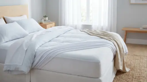 Bed with white sheets and pillows in bright bedroom with wooden furniture and light curtains