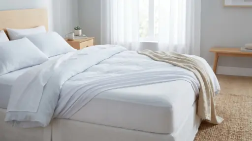 Bed with white sheets and pillows in bright bedroom with wooden furniture and light curtains
