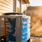 Outdoor air conditioning unit with ice buildup in warm sunlight on frosty morning