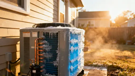 Outdoor air conditioning unit with ice buildup in warm sunlight on frosty morning