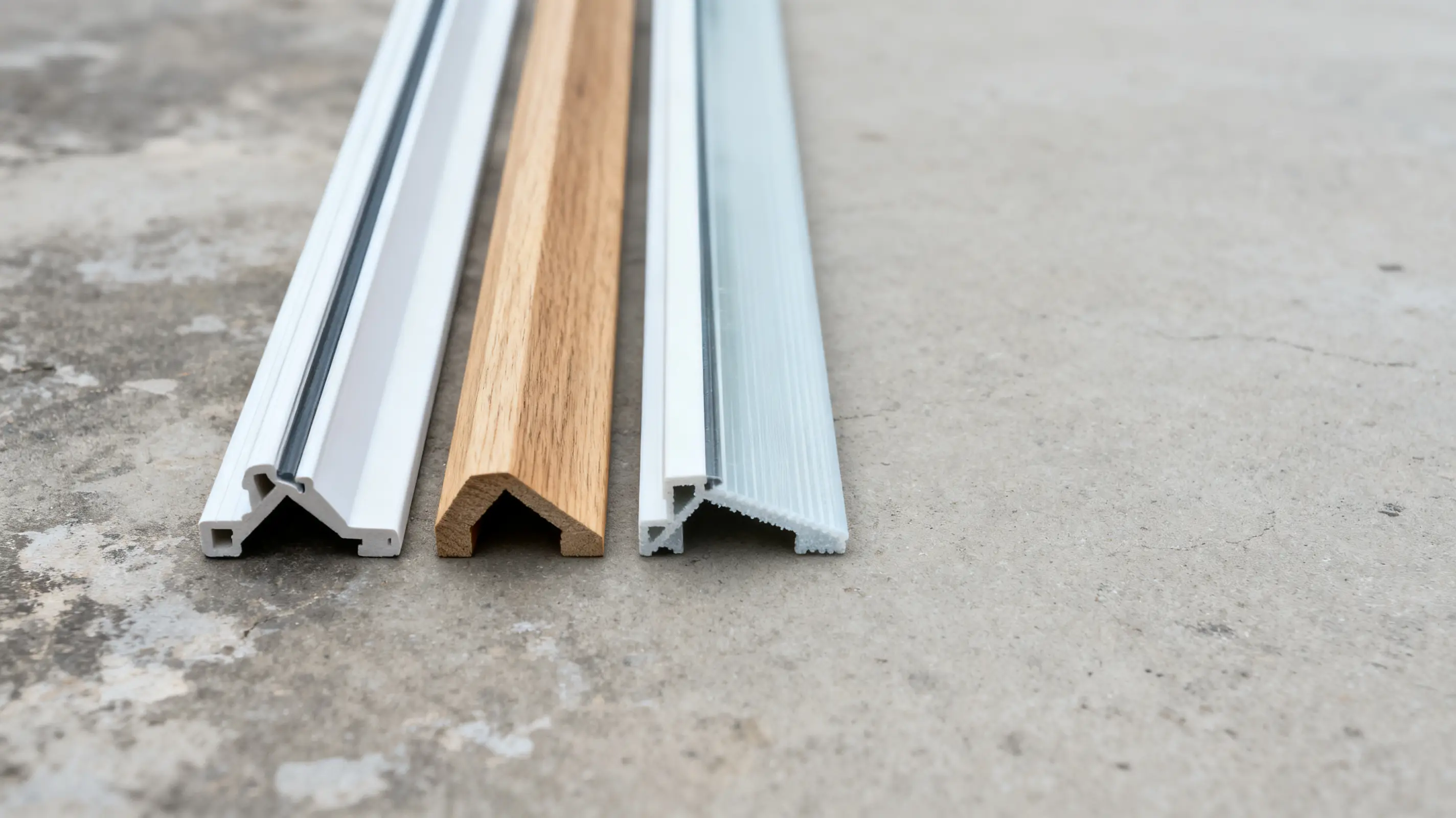 Four different door thresholds placed side by side on concrete floor