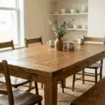 wooden dining table with chairs and bench beside bright windows featuring a vase with greenery and mugs