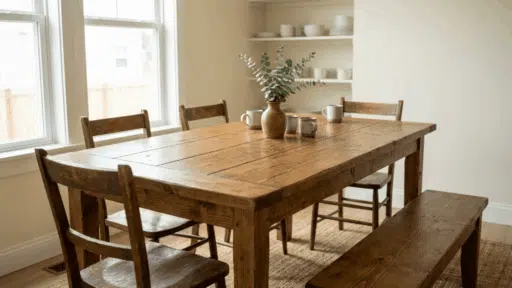 wooden dining table with chairs and bench beside bright windows featuring a vase with greenery and mugs