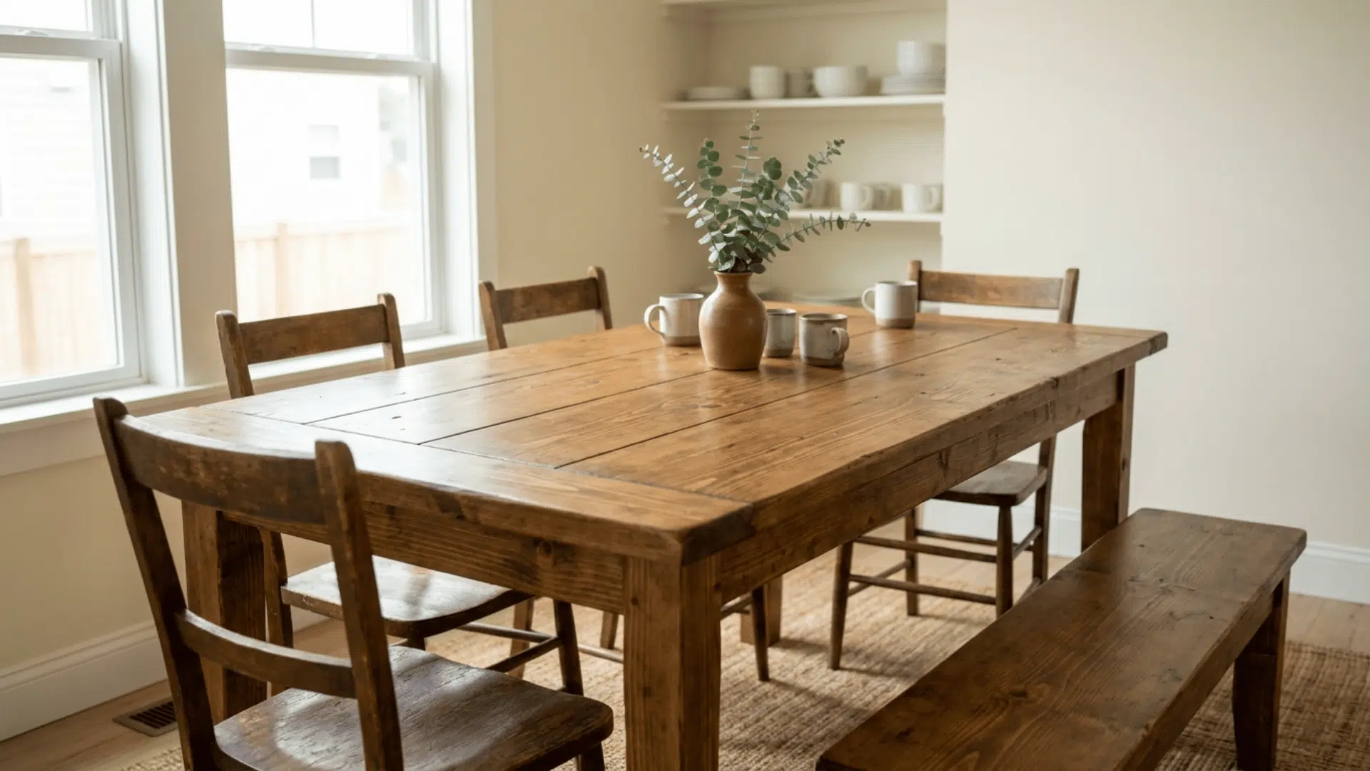 wooden dining table with chairs and bench beside bright windows featuring a vase with greenery and mugs