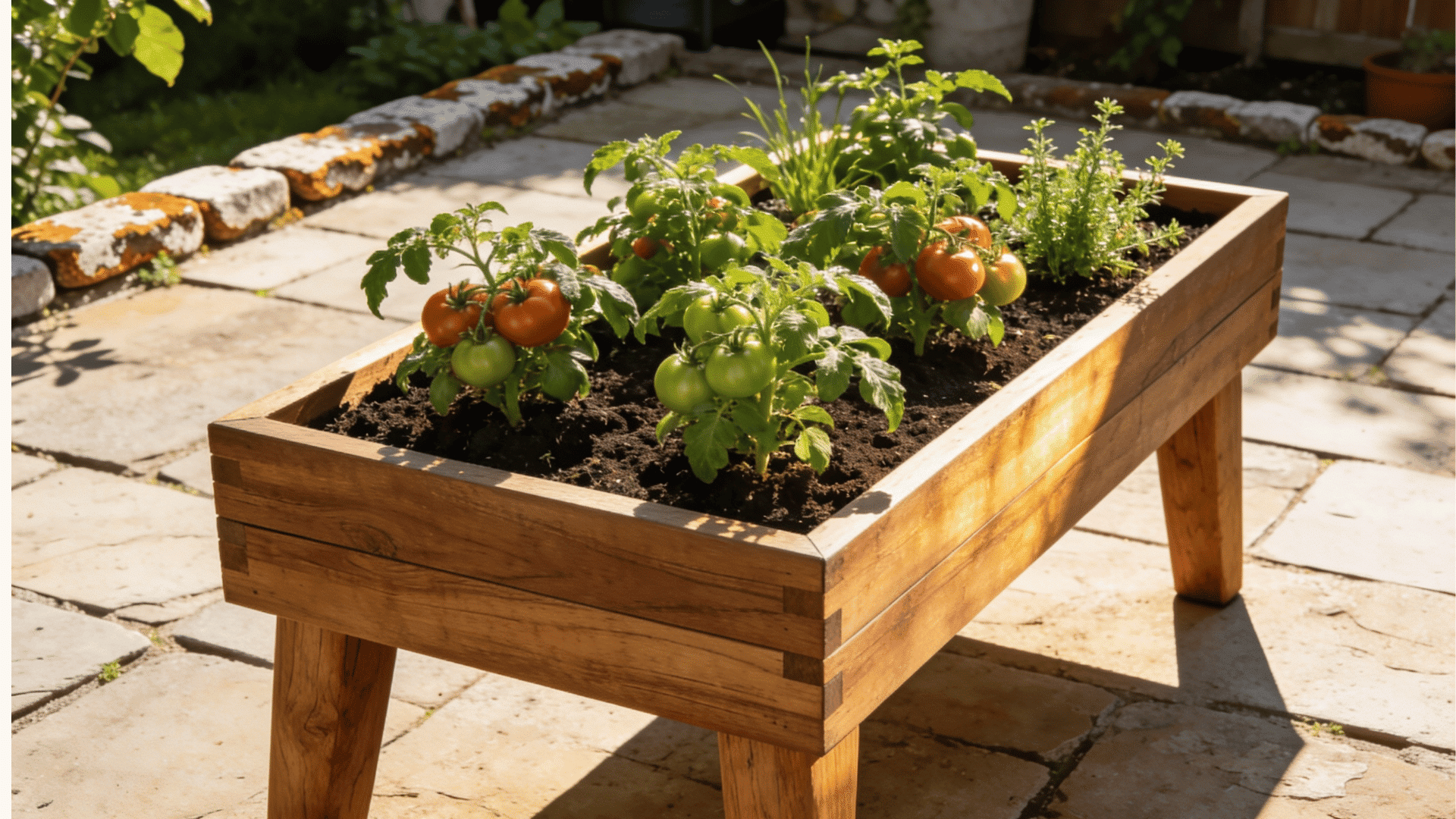 wooden raised planter box on legs filled with green plants sitting on a sunny backyard patio