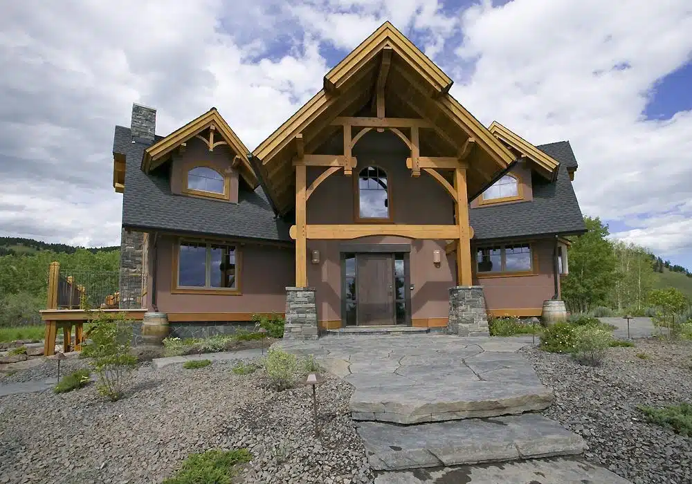 Indiana timber frame home exterior on rural acreage