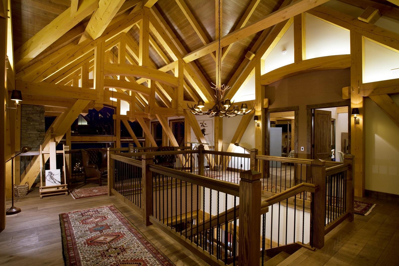 Kaslo Cottage compact timber frame home interior with vaulted ceiling